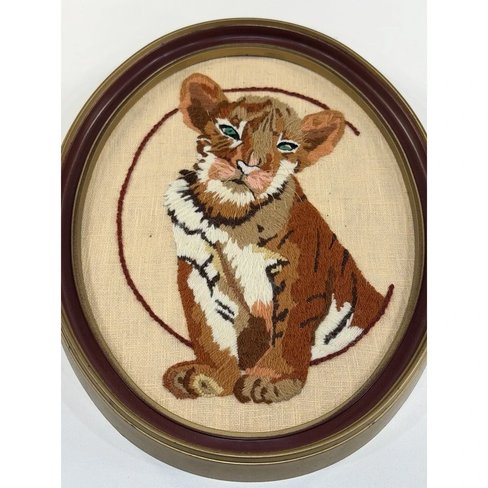 Vintage Crewel Embroidery Tiger Cub Framed Wall Art Handmade Oval Needlecraft